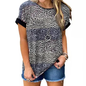 2021 Лятна Дамска Мода Ежедневни Свободна Тениска С Къс Ръкав Дишащ Памук О Шията На Леопард Лоскутная Дамски Плюс Размера На Тениски