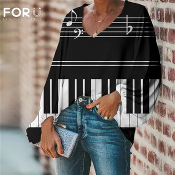 FORUDESIGNS Дамска блуза Музикални Ноти се изпълнява пиано клавиатура 3D Печат Блуза 2019 Ежедневни Свободна Риза с Дълъг ръкав Потник Плюс размера V-образно деколте