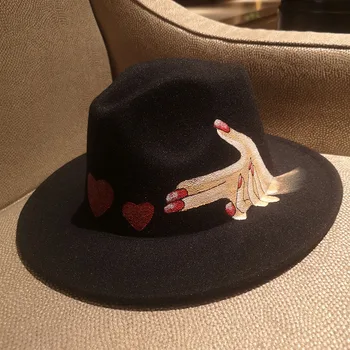 HT374 New Hat Fedora Felt Cap Wide Brim сърце printed Ladies Trilby Chapeu Feminino Hat Women Men Jazz Church Caps