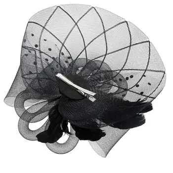 Molans Women Fascinator Hat Flower Mesh Ribbon Feathers Fedoras Hat лента за глава или клип Коктейл Чай Булката Аксесоари за коса