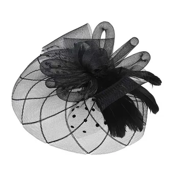 Molans Women Fascinator Hat Flower Mesh Ribbon Feathers Fedoras Hat лента за глава или клип Коктейл Чай Булката Аксесоари за коса