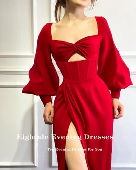 Eightale Arabic Evening Dress Velvet Sweetheart Long Подпухнали Sleeves High Side Split Red Floor Length Prom Party Dress 2021