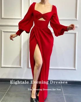 Eightale Arabic Evening Dress Velvet Sweetheart Long Подпухнали Sleeves High Side Split Red Floor Length Prom Party Dress 2021