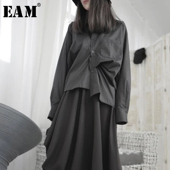 [ИАЛ] Жените Черно Асиметричен Голям е Размерът на Дълга Блуза Нов Ревера С Дълъг Ръкав Свободна Засаждане Риза Прилив на Мода Пролет Есен 2021 1S220