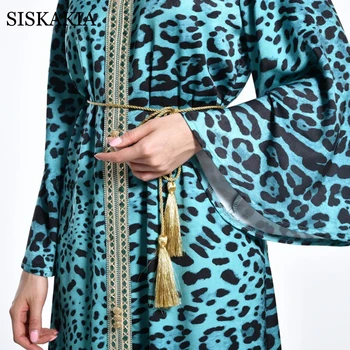 Siskakia Атласное Леопардовое Макси рокля за жените 2021 Зелен Свободен Етнически Мюсюлманския Арабски Оман Абая Дубай Турска Ислямска Облекло