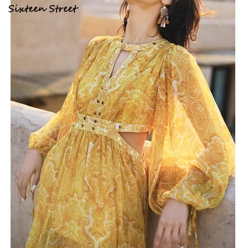 Boho Vintage Summer Dress Woman High Waisted Yellow Printed Maxi Vestido Woman Dresses Desert Нит Beach Dress Дамски дрехи