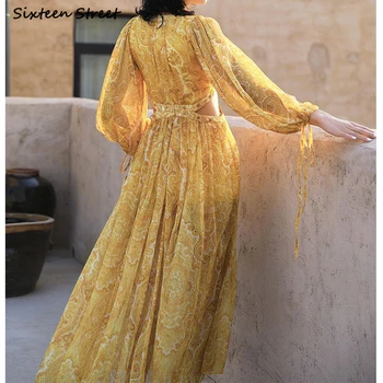 Boho Vintage Summer Dress Woman High Waisted Yellow Printed Maxi Vestido Woman Dresses Desert Нит Beach Dress Дамски дрехи