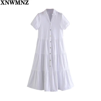 XNWMNZ Women A line button Summer midi Облекло Дамско Късо еластично рокля с V-образно деколте, Бяла Елегантна женствена рокля Дрехи Vestidos