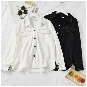 Луксозен Корейски дрехи Хит на цветна линия на ревера Ежедневни Риза Двойни джобове однобортные копчета Свободни Дамски блузи и Потници