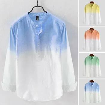 QIWN Мъжки Тениски Fashion Longsleeve Shirt Коноп Shirt Summer Casual Върховете Thin Color Matching Gradient Cotton Linen Clothing