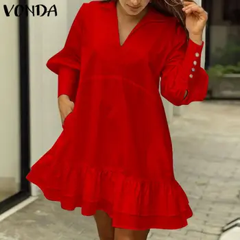 Есента рокля VONDA 2021 Ежедневното однотонное плиссированное гофрированное Подгъва Мини рокли Свободни лацканы Яка фенер Ръкав Богемные Vestidos