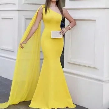 Новият пристигането Едно Рамо Вечерни рокли на Русалка-Дълга Жълта рокля на Бала Официални Вечерни Рокли, Vestidos de Fiesta Robe Longue рокля