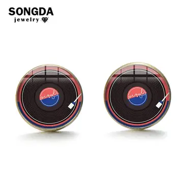 SONGDA 2019 Нов Творчески Vinyl Плоча копчета за Ръкавели Реколта Музика CD Стъкло Снимка Кабошон Медни копчета за Ръкавели за Мъже Риза Аксесоари
