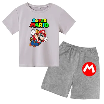 Летни дрехи за тийнейджъри Момиче тениска костюм Сладък Карикатура Mario Bros Печат Дишаща тениска облекло 4-14T Топ + шорти