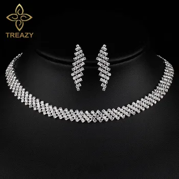TREAZY Fashion Crystal Bridal Jewelry Sets Silver Color Кристал Choker Огърлица, Обеци, Комплекти за Жени на Сватбени Аксесоари