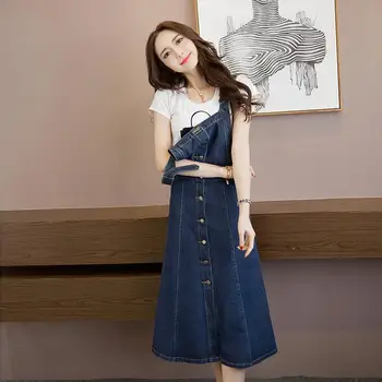 Джинсовое рокля на подтяжках 2021 New Girl Пролет Лято Корейски Стил Прашка однобортный Slim Fit A Line Midi Dress Vestidos