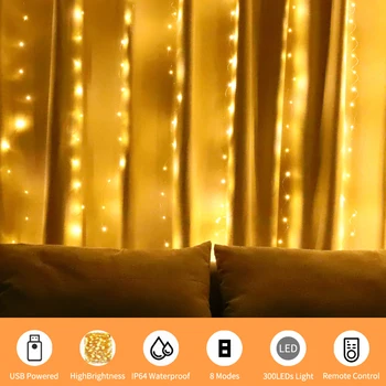 3M Водоустойчив LED Струнен Светлина USB Коледен Завеса Светлина Дистанционно Управление Празнична Спалня Страхотна Светлина Сватбена Украса