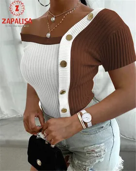 Секси дамски летни Тениски Асиметричен Цвят Съвпадение Дизайн Бутон за Декор на Нередовен Яка Къс Ръкав Тънък Пуловер Топ