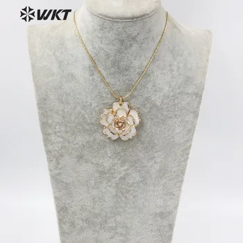WT-JN143 най-Новите модни позлатени ръчно резбовани бяла мивка направи Рози Цвете висулка колие Голямо цвете черупки колие