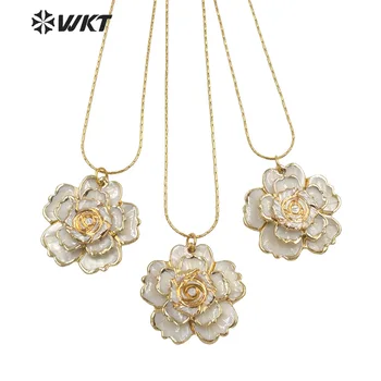 WT-JN143 най-Новите модни позлатени ръчно резбовани бяла мивка направи Рози Цвете висулка колие Голямо цвете черупки колие