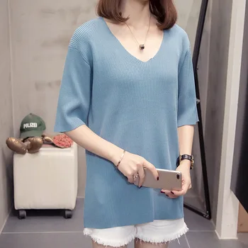 Нова мода 2021 Лято корейски стил, Без следа от V-образно деколте, блузи, Пуловери и половина ръкави жените Свободни Ежедневни Удобни възли върховете