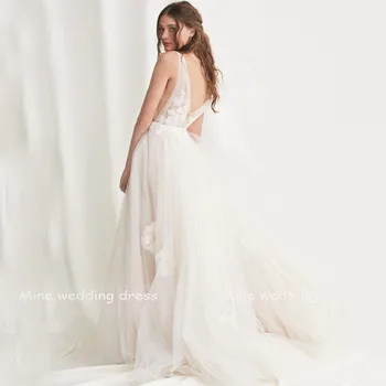 Секси V-Образно Деколте 3D Флорални Апликации на Дантела на Облегалката A-Line Тюл Сватбена Рокля 2021 Vestido De Noiva Сватбена рокля