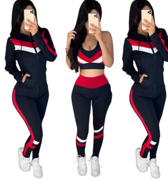Colorblock crop top & high waisted pants & hooded jacket casual female set 3 piece clothing set sleeve style collar length