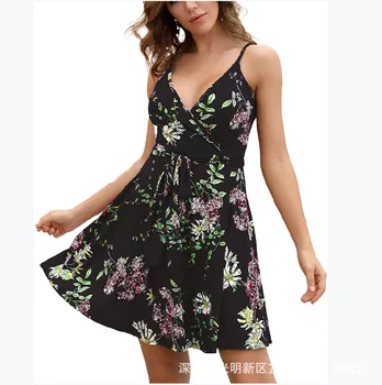 Пролет/Лято 2021 ново ежедневното подтяжное V-образно рокля с принтом slim-fit flared summer dress