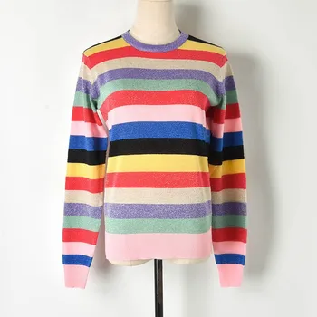 Дъгата цветна шарени принт Дамски Ежедневни блузи 2021 Мода О-образно деколте Трикотаж Свободни пуловери Люрекс жилетка Pull B-163