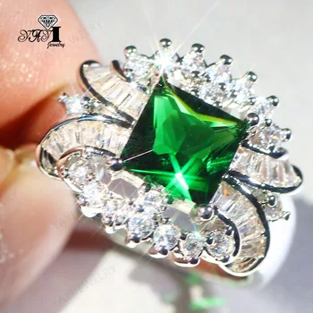 Yayi Бижута Мода Принцеса Нарязани Зубец Инсталиране На Зелено Цирконий Сребърен Цвят Годежен Сватба Листа Подарък Пръстен
