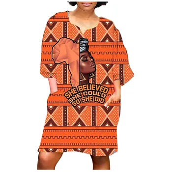Casual Dress African Women Vintage Print Index Sleeve Dresses Ladies Summer Plus Size V-Образно Деколте, Свободно Мини рокля женствена рокля