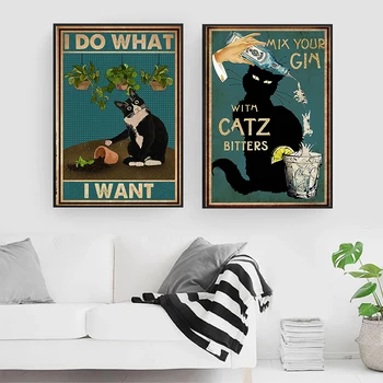 Начало Декор На Black Cat Poster Art Print Vintage Платно Живопис I Want To Do Your Mix Gin Смешни Bathroom Garden Платно Живопис