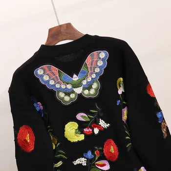 дамски комплект от 2 части 2021 бродерия на пеперуда цветя свободен пуловер с дълъг ръкав, пуловер и брючный костюм