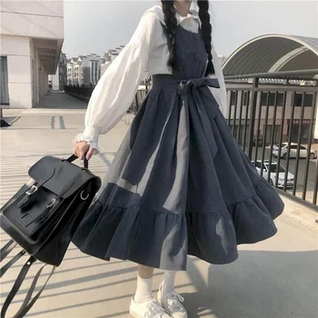 Kwaii Dress suit женски пролет-лято корейски безплатно и е тънък малко прясно колеж стил бяла риза + средна дължина на каишка пола комплекти