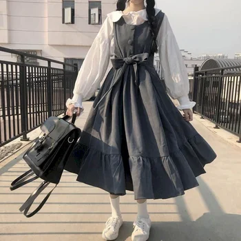 Kwaii Dress suit женски пролет-лято корейски безплатно и е тънък малко прясно колеж стил бяла риза + средна дължина на каишка пола комплекти