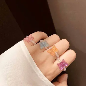 Корея Цветни Crystal Butterfly Животно Пръстен За Жени Мода Реколта Сладък Прозрачни Мъниста Ръчно Тъкани Мъниста Пръстени, Бижута На Нова