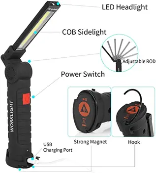 5 Режим на Преносим COB Фенерче Фенерчето USB Акумулаторна батерия LED Сгъваема Ярък Магнитен COB Lanterna Окачен на Кука, Лампа За Къмпинг