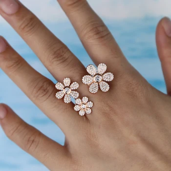 Multi Flower charm rings cz проправи регулируем пръстен с розов цвят злато покритие сватбени открити пръстени, пръстени пръсти бижута