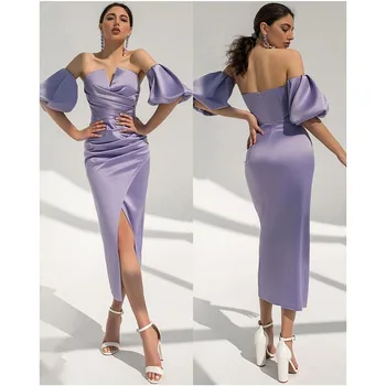 SoDigne Purple Mermaid Prom Dress 2021 Буйни къси Ръкави на няколко Нива, вечерни рокли С цепка Чаена дължина на Дамски официални рокли