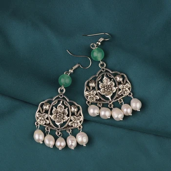 Лятна мода Реколта пискюл Сладководни перли обеци Етнически цвете Тибетское сребро Китайски стил Бижута за жени