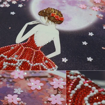 QiQi Момиче Design 5D Diamond Embroidery Inset Crystal Mosaic Art Painting Момиче Сакура Moonlight Romantic Gift Ръчно изработени Арт Artist