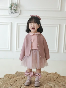 Момичета Пролет Вязаный вълнена жилетка 2021 Пролет и есен Нова Детска Универсална Яке Корея Детски дрехи
