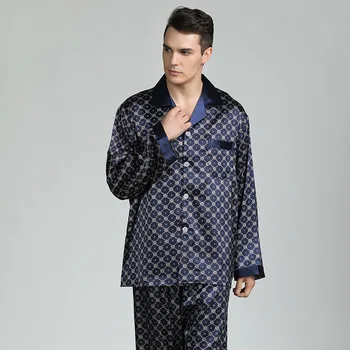 Мъжки печатна копринени пижами костюм пижами мъжки пижами модерен стил копринени пижами домашна мъжки сатен е мек и удобен за сън