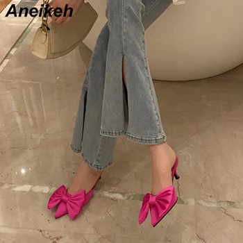 Aneikeh Sweet Fashion Silk Бътерфлай-Knot Patchwork ПУ Shallow NEW 2021 Summer Slip-On Thin Heels Sandalias Mujer Дамски обувки