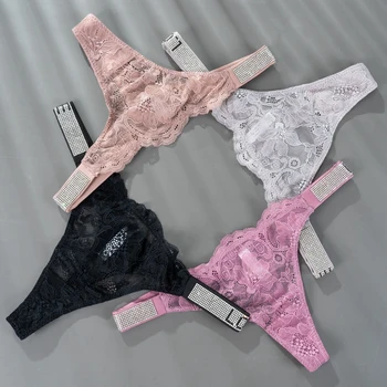 Sexy Women Underwear Кристал Letter Thongs Дантела Transparent T Back for Female Low Rise Soft Fashion Lace Flower G-String