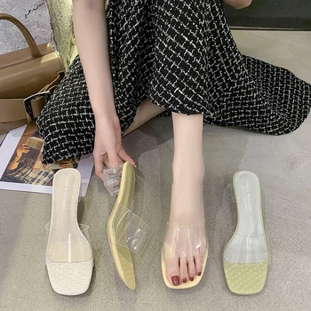 WDHKUN Дамски обувки, Чехли, Открит 2020 Нова Лятна Мода Прозрачен PVC Ток Обувки Сандали Жени 2021