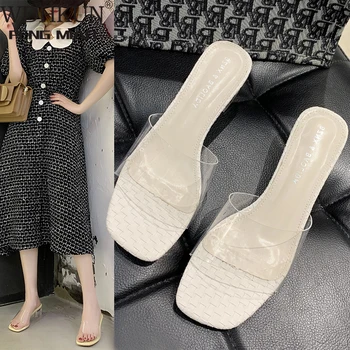 WDHKUN Дамски обувки, Чехли, Открит 2020 Нова Лятна Мода Прозрачен PVC Ток Обувки Сандали Жени 2021