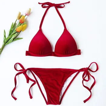 2021Sexy Women velvet Swimsuit Бикини Red Push Up Swimsuit Female Bikini Set Halter Bandages Triangle Biquini Beach се Носят