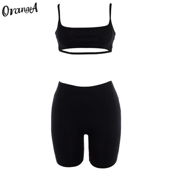 OrangeA 2021 Women Summer Camisole Crop Top+Biker Shorts 2 Piece Set Слаш Neck Sleeve Твърди Еластични Casual Vacation Outfits