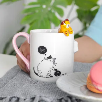 Супер Сладък Котка Чаша кафе, чаша Домашна Посуда за Напитки творчески керамични животно пара чаша лъжичка Закуска, мляко, Чай Чаша Супер Подаръци